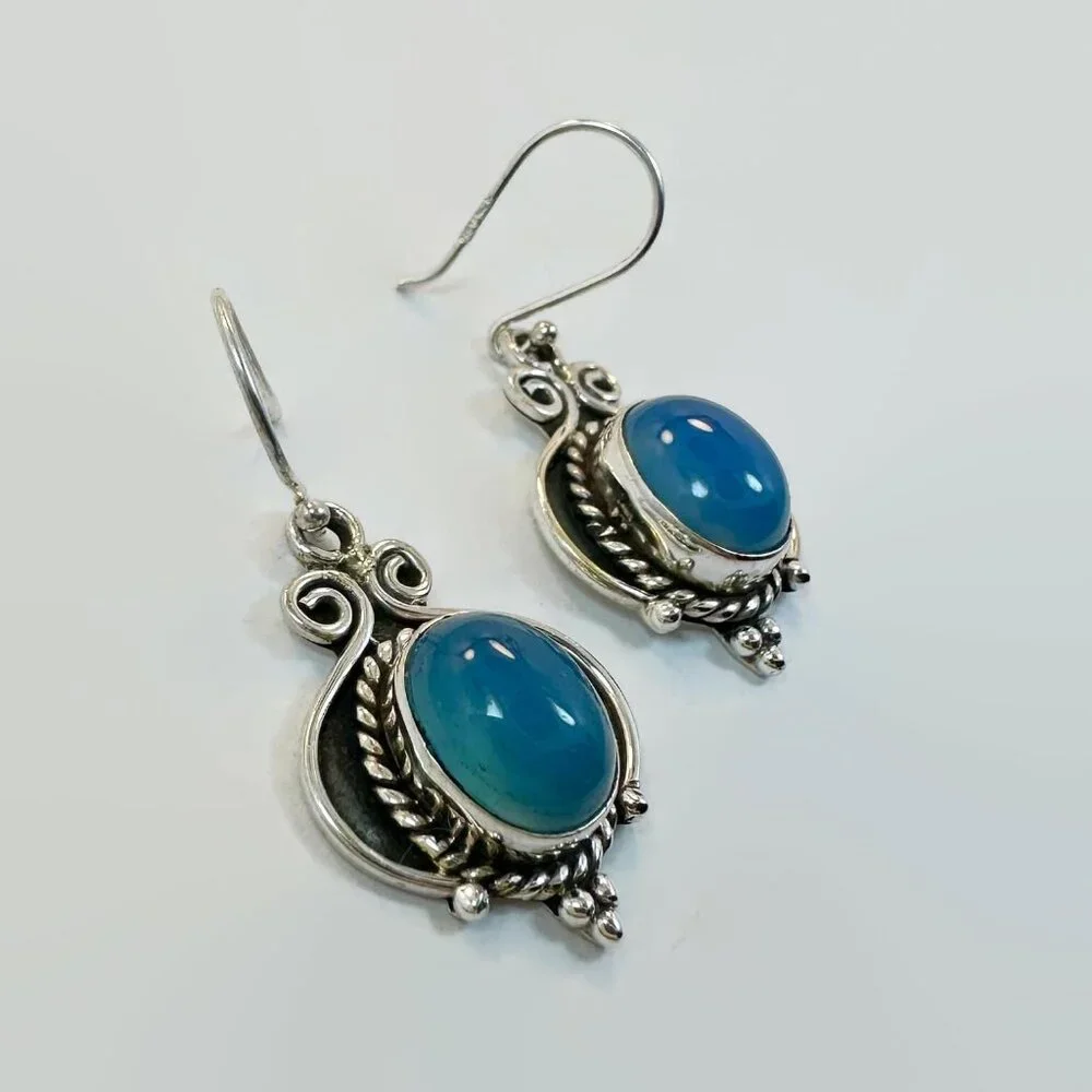Chalcedony Earrings, Sterling Silver, Pierced, Blue Stone, Dangle, Ear Wire